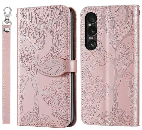 Rostsant Coque Sony Xperia 1 VI Arbre en Relief Housse en Cuir PU Pixel 8a Étui à Fermeture Magnétique Portefeuille Étui à Rabat pour Sony Xperia 1 VI 2024 Or Rose