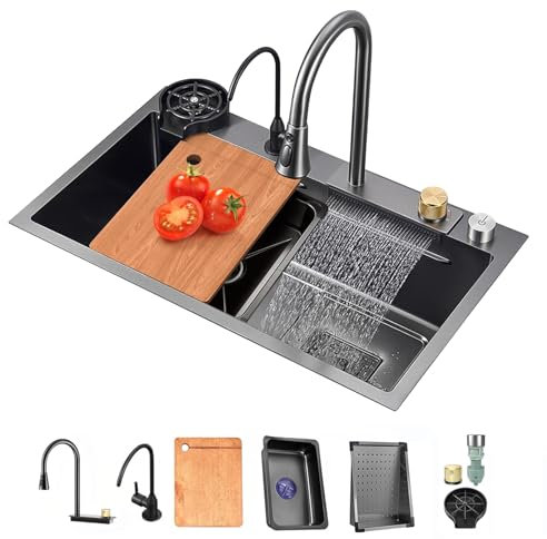 Spülbecken Spüle Küchenspüle Küchenspülen Kitchen Sink Einbauspüle Edelstahl Mit Wasserhahn Ausziehbar, Waschbecken Küche Schwarz Spüle Mit Armatur Set, Küchen Waschbecken Mit Tassenspüler(68x45cm)