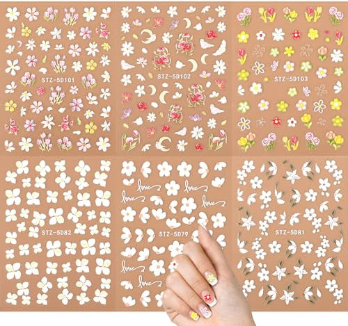 6 Sheets Flower Nail Art Stickers, 3D Embossed Flower Nail Art Stickers Self-Adhesive Nail Art Decorations Colorful Spring Floral Nail Art Supplies for Women Girls Manicure Nail Decoration