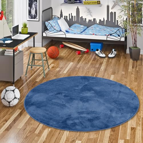 Pergamon Kinderteppich Melia Kids Rund Dunkelblau - Weicher Teppich für Kinderzimmer, erhältlich in vielen Farben und Größen - Ideal als Spielteppich für Babyzimmer