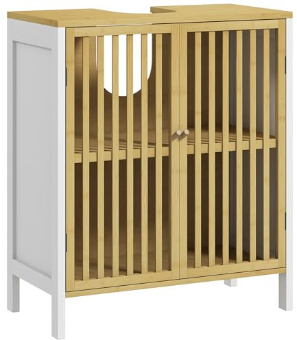 HOMCOM Mueble para Debajo del Lavabo Armario de Almacenamiento Bajo Lavabo de Bambú con Estante Ajustable y Puerta Doble Carga 30 kg 60x30x70 cm Blanco y Natural