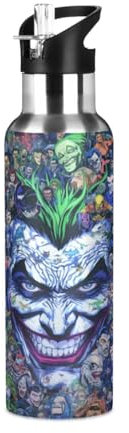 Niigeu Cartoon Sugar Skull Jokers Clown Sport Water Bottle with Straw Stainless Steel Double Walled Insulated Vacuum Cup 600ML Tea