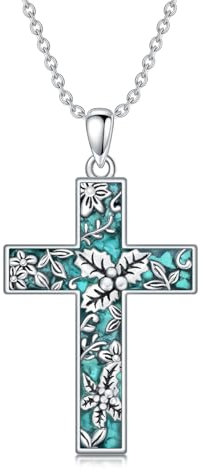 HARMONY BOLA Türkis Stechpalme Kreuz Halskette 925 Sterlingsilber Stechpalme Anhänger Türkis Blumenschmuck Muttertag Geburtstag für Frauen Mutter