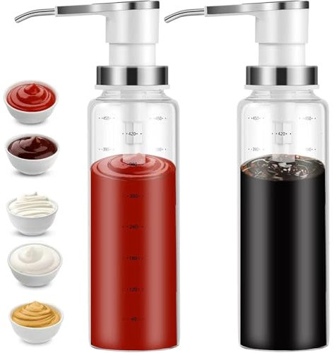 Sauce Pump Dispensers, Coffee Syrup Dispenser, 500ml Glass Bottle with Stainless Steel Pumps, Leak-Proof, Food Grade Pumps for Honey, Syrups, Oil, Condiments, Salad Dressings (2x Units)