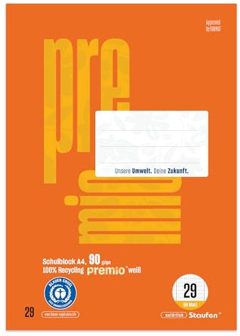 Staufen premio Schulblock - 5 Hefte je 50 Blatt, DIN A4, Lineatur 29 (5 x 9 mm rautiert mit RL), 4-fach Lochung, 90 g/m² Recyclingpapier
