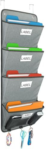Jesustree Organiseur de Dossiers de Bureau à Suspendre au Mur, Organiseur en Tissu 4 Poches Verticales Porte-revues A4 Porte Documents Mural Rangement Courrier à Suspendre pour école (Gris)