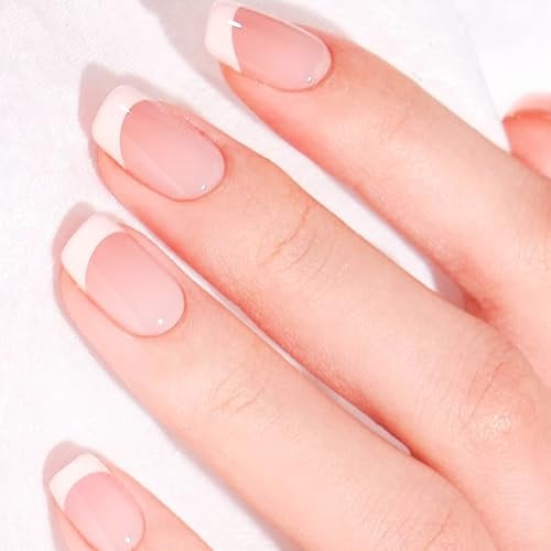 24 Stück Künstliche Fingernägel, Kurze Quadratische False Nägel, Press On Nails French Tips, Nude Natürlich French Fake Nails, Nägel zum Aufkleben Kurz Eckig, für Frauen und Mädchen Art Maniküre