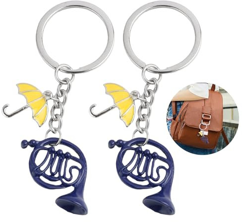 Fllyvly 2er Set Waldhorn-Schlüsselanhänger Inspiriert von How I Met Your Mother, Blaues Horn und Gelber Regenschirm Anhänger, Edelstahl-Schlüsselring, Geschenk für Serienfans-schlüsselanhänger blau