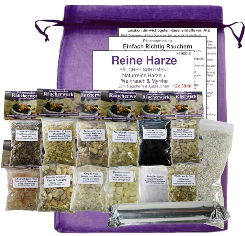 Räucherset 16-teilig mit 12 reinen Naturharzen – Weihrauch, Myrrhe, Kopal, Styrax u.m. – Premium Räuchersortiment mit Räucherkohle & Zubehör.