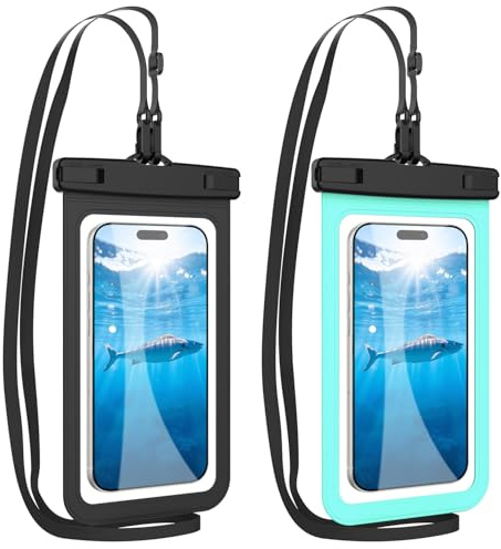 HopMore 2 Pack Waterproof Phone Pouch with Adjustable Lanyard Up to 7.2, IPX8 Universal Underwater Phone Case Dry Bag for iPhone 16 15 14 13 12 11, Samsung S25 S24 A56 A36 A16 - Black + Light Green