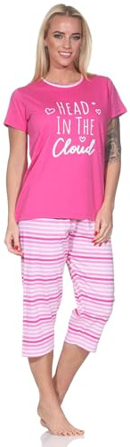 Normann Damen Schlafanzug Kurzarm Pyjama mit Capri-Pyjamahose in Streifenoptik, Farbe:pink, Größe:44-46