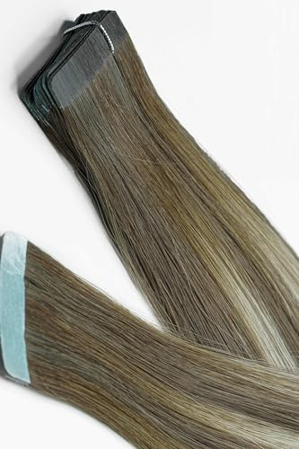 Haartick Wiederverwendbare 100% Echthaar Tape Extensions Balayagemix Dunkelblond-Platinblond 50 cm glattes Haar 5 Tape Haarverlängerung Hair
