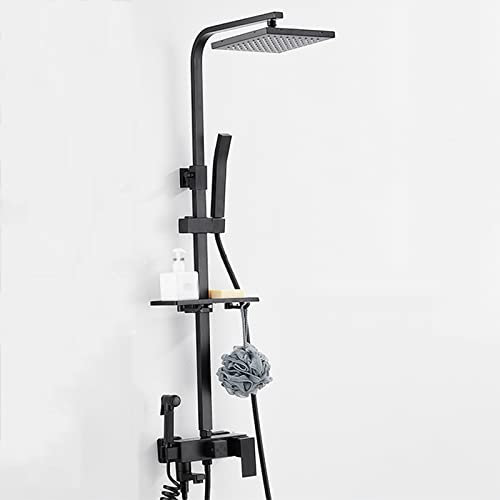 Wasserfall Brausebatterie Set in Schwarz höhenverstellbar Brausebatterie Set Badewannen Duschsystem aus Messing Wandmontage Armaturen quadratisch schwarze Regendusche und Schlauchset Schwarz B