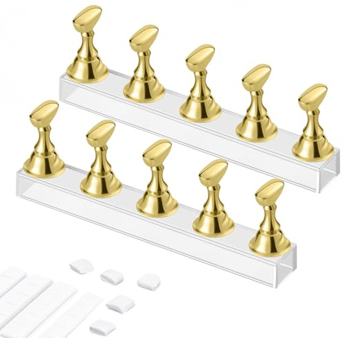 Narsikar Acrylic Nail Display Stand DIY Nail Crystal Holder Magnetic Practice Stands with Reusable Adhesive Putty Clay for False Nail Tip Manicure Tool (Gold)