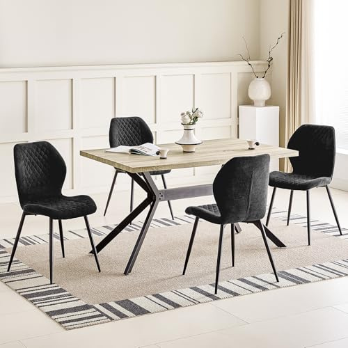 JIJIAN Essgruppen mit Heller Holz Esstisch und 4 Schwarzer Stühle | Rechteckiger Esstisch in 140 x 80 x 76 cm mit 4 Ergonomischer Design Leinen Esszimmerstühle, für Esszimmer, Küche, Wohnzimmer