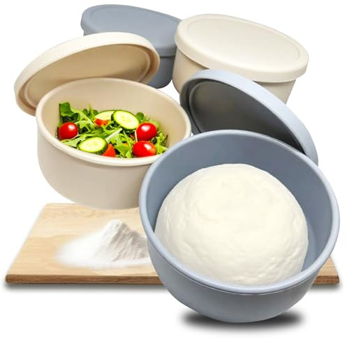 Rongrongago 4 Stück Pizzaballenbox, Pizzateig Box Mit Einem Fassungsvermögen Von 350 G Teig, Pizzateig Box Mit Deckel in Beige Und Blaugrau