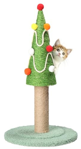 Poste rascador para árbol de Navidad de 22 pulgadas, bonito rascador para gatos con marco cubierto de sisal natural y bolas coloridas para gatos de interior