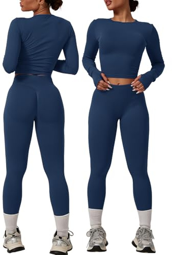 MAYROUND Women Gym Set 2 Piece Outfits Workout Set Long Sleeve Gym Tops Scrunch Bums Leggings Yoga Activewear Tracksuit Set