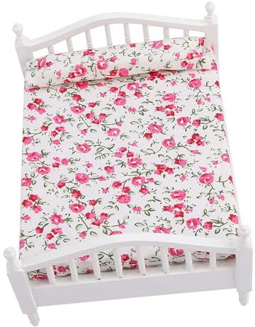TARSHYRY Dolls House Möbelsets, Bed Dollhouse Doppelbett mit Dollhouse Doppelbett Holzpuppen Hausmöbel für 1/12 Skala Accessoires Puppen und Spielzeug Kinderspielzeug
