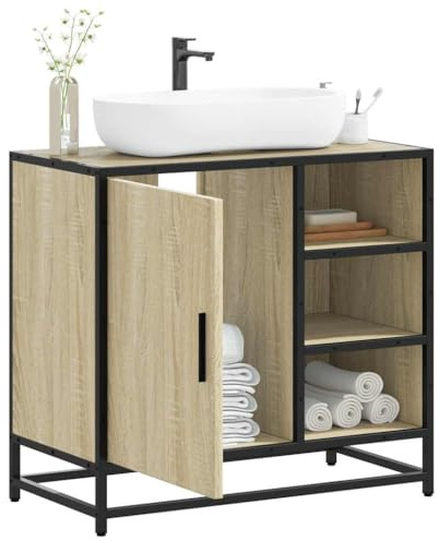 Mueble Lavabo Baño Estilo Retro con Marco Metal y Amplio Almacenamiento, Diseño Industrial Elegante y Resistente a la Humedad para Organización