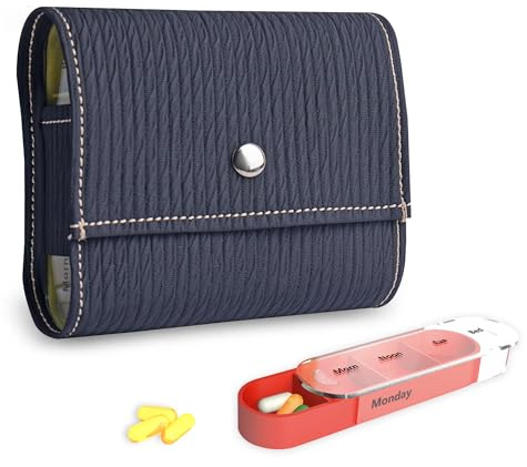 Tablettenbox 7 Tage 4 Fächer - Pillendose 4 mal am Tag mit Kunstleder Tasche und Namenskarte Medikamentenbox für Pillen Vitamin Fischöl für Morgens Mittags Abends Nachts(1-Holz Schwarz)