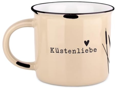 Vintage-Becher aus Keramik im Emaille-Look, Küstenliebe, 400 ml | Mit tiefgeprägtem Schriftzug und Geschenkbox - 39 Designs, spülmaschinen- und mikrowellengeeignet