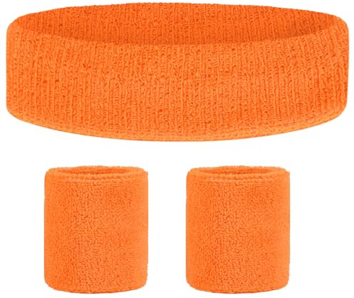 Schweißband Set, Stirnband,Schweißbänder Handgelenk für Damen & Herren 3Pcs | Absorbierendes Stirnband Sport Schweißbänder für Fußball, Basketball, Tennis, Gymnastik - Orange