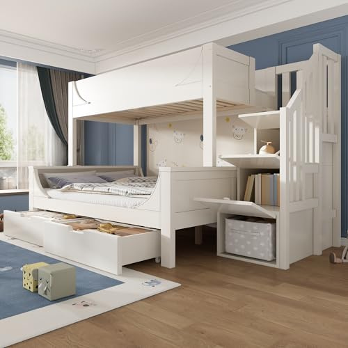 NuvlaGu Letto a castello per bambini, 90 x 200/140 x 200 cm, con armadio a scala e cassetti, letto a castello con protezione anticaduta, letto in legno con rete a doghe, letto matrimoniale inferiore