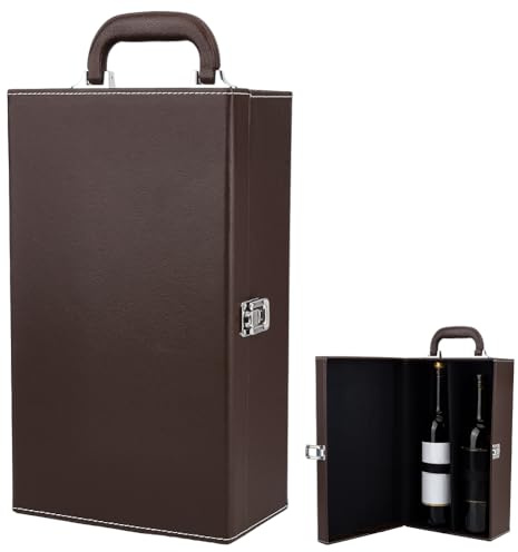 PH PandaHall Wine Gift Box, 2 Bottle Leatherette Wine Carrier Case with Top Handle Bottle Storage Packaging Box for Business Gifts, Party, Travel, Holiday, 36.7x20x11.8cm, Coconut Brown