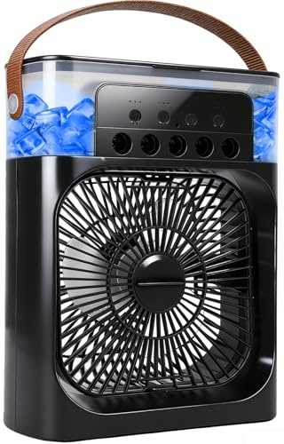 Portable Air Cooler, 4 in 1 Air Conditioner with Humidifier 600ML 3 Wind Speeds & 1-3H Timer, Personal Air Conditioning Unit 7 LED Light Mini Evaporative Air Coolers AC for Office Home Bedroom