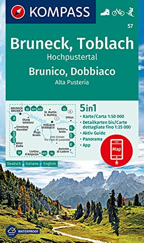 KOMPASS Wanderkarte 57 Bruneck, Toblach, Hochpustertal, Brunico, Dobbiaco, Alta Pusteria 1:50.000: 5in1 Wanderkarte mit Aktiv Guide, Detailkarten und ... in der KOMPASS-App. Fahrradfahren. Skitouren.