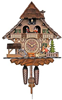 Orologio a cucù, casa della Foresta Nera con la ruota di mulino, ballerini e cucù