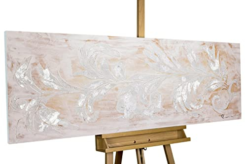 KunstLoft Leinwandbild | 100% HANDGEMALT | 150x50cm | Gemälde 'Perlentanz' | Blüten | Beige | Wandbild Wohnzimmer