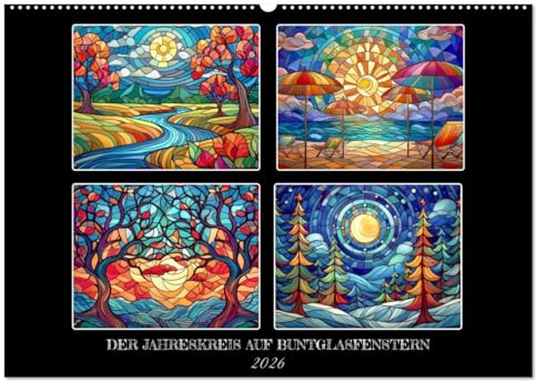 Der Jahreskreis auf Buntglasfenstern (Wandkalender 2026 DIN A2 quer), CALVENDO Monatskalender: Für jeden Monat ein buntes Fenster (CALVENDO Kunst)