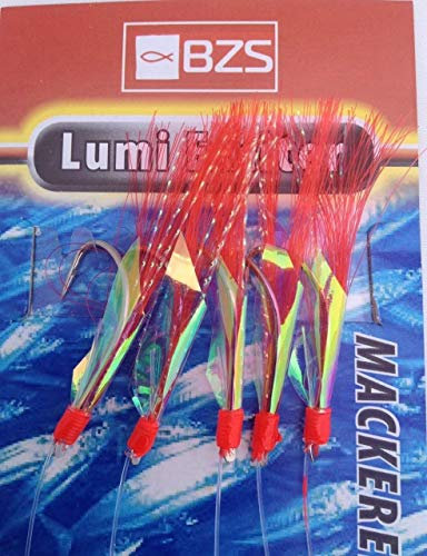 BZS Luminous Exciter Bass Mackerel Feathers Rigs Hooks for Sea Fishing Cod Lures Bait Tackle Accessories, Pack of 5