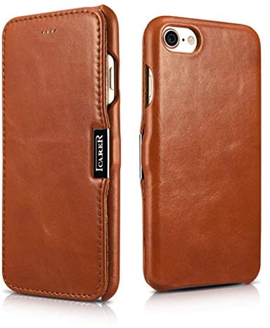 ICARER Tasche passend für Apple iPhone SE 2022 5G, iPhone SE 2020, iPhone 8, iPhone 7, 4.7 Zoll, Case mit Echt-Leder, Schutz-Hülle aufklappbar, Ultra-Slim Cover, Etui im Vintage Look, Braun