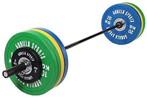 GORILLA SPORTS® Olympia Langhantel Set - 140kg, mit 10 Bumper Plates, 50mm, Langhantelstange 220cm, 2 Federverschlüsse, Max. 680kg, gummiert - Hantelset, Gewichte, Hantelscheiben, Gewichtsscheiben