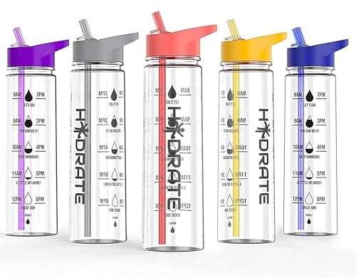 HYDRATE Water Bottles Motivational premium 900ml water bottles with straw - Daily water intake with Time Markings, BPA-Free. Leak proof Ideal for hydration at office, gym. (Coral)