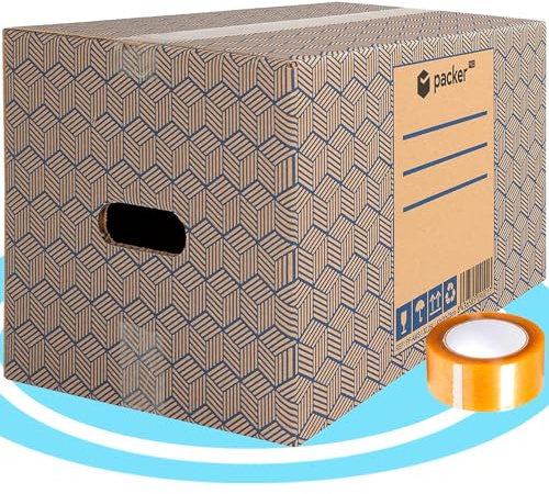Pack 10 Kartons für Umzüge und Aufbewahrung mit Griffen + Klebestreifen, 430 x 300 x 250 mm – Pack Pro