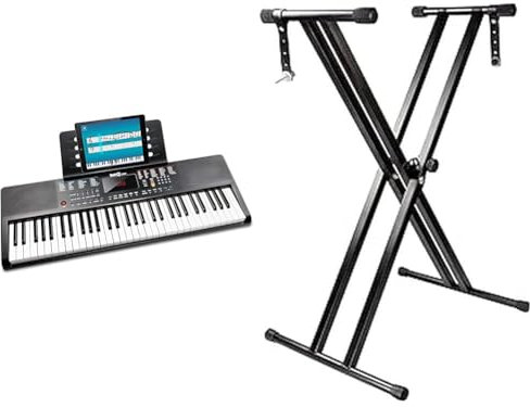 RockJam Teclado RockJam compacto de 61 teclas con soporte para partituras, fuente de alimentación & Soporte de teclado ajustable con doble refuerzo y con correas de bloqueo