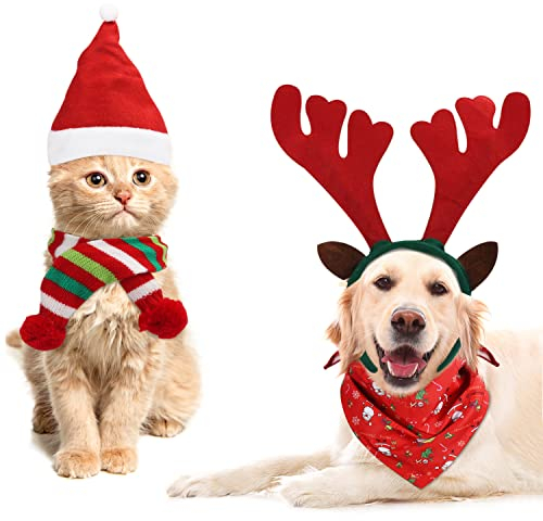 Belle Vous (4 STK) Weihnachtskostüm für Katzen & Hunde Inkl. Hund Rentiergeweih, Weihnachtsmütze, Gestreiftem Weihnachtsschal & Rotem Bandana Weihnachten Design für Hunde, Katzen, Welpen & Kätzchen