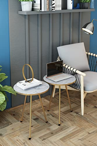 SUNRISE HOME DECOR Set of 2 END Tables Marble Look Wood Round Sofa Nesting Side Table for Small Spaces, Nightstand Bedside NO-Tools Assembly (White Marble/Gold)