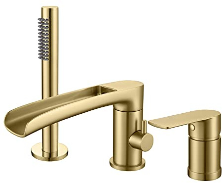 TapLong Wasserfall Römische Badewanne Wasserhahn mit Handbrause, weit verbreitete Deck Mount Badewanne Wasserhahn mit Sprüher, Einhandgriff 3-Loch Badewanne Dusche Wasserhahn Set in gebürstetem Gold,