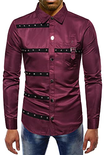 Shirt Herren Trend Persönlichkeit Gotischer Stil Niet Spleißen Design Herren Langarm Urban Jugend Slim Fit Strickjacke Männer Streetstyle Performance-Kostüm A-Red 3XL