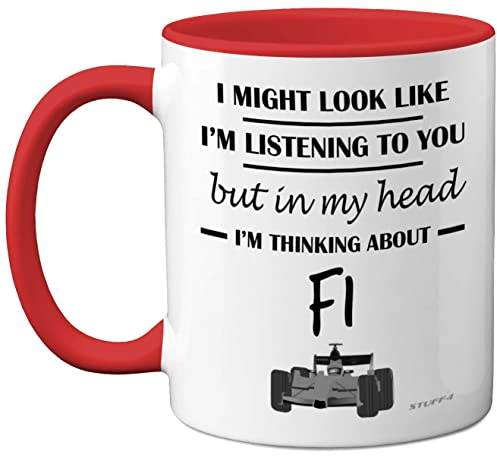 Stuff4 Regalos de Fórmula 1 - In My Head I'm Thinking About F1 - Divertidos regalos de F1 para hombres, regalos para amantes de los coches para él, taza F1, regalos de Fórmula Uno, tazas de cerámica
