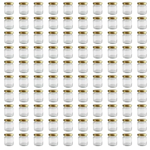 Vitrea 200x Mini Marmeladengläser 50 ml - mit Deckel Gold TO 43 - kleine Einmachgläser zum befüllen mit Schraubdeckel - Schraubgläser - leere Gläser für Marmelade - 200 Stück