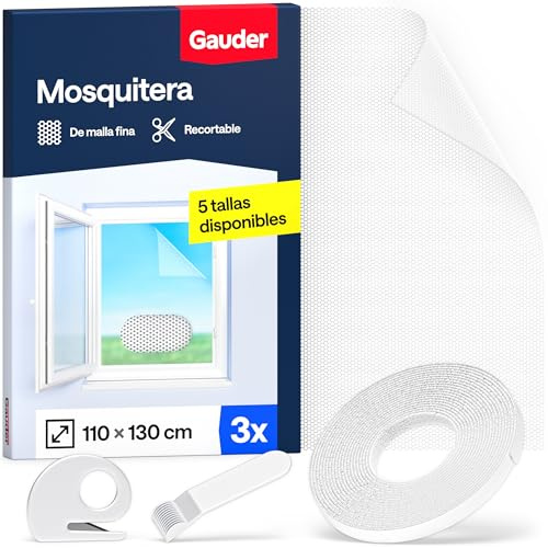 GAUDER Fliegengitter Fenster, Insektenschutz ohne Bohren (3 Stk, 110x130cm) | Insektenschutz für Fenster, Fenstergitter aus Polyester mit Klettband, Mückennetz, Fliegennetz, Moskitonetz Fenster, weiß