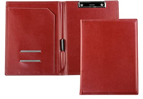 DELMON VARONE - Klemmbrett Mappe DIN A4 aus veganem Eco Kunstleder Rot - Organizer Klemmbrettmappe mit Blockklemme, Stiftschlaufe & Steckfächer - Klassische Echtleder Business-Mappe