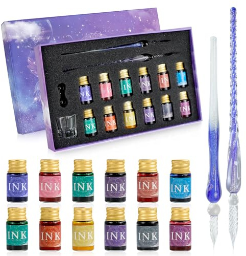 PDCTACST Glass Dip Pen Ink Set, 16pcs Fountain Calligraphy Pens Set, 2 Crystal Signature Glass Pen, 12 Gold Powder Drawing Ink Drip Tool for Art Writing Signatures Beginners Valentines Day Gift