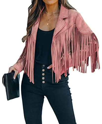 loveimgs Veste de moto en cuir synthétique avec franges pour femme, rose, Small